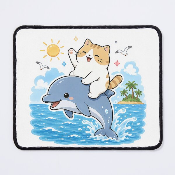 Item preview, Cute Orange Cat Riding Dolphin Kawaii Ocean Summer Ginger Kitty Illustration designed and sold by NoopnyangStudio.