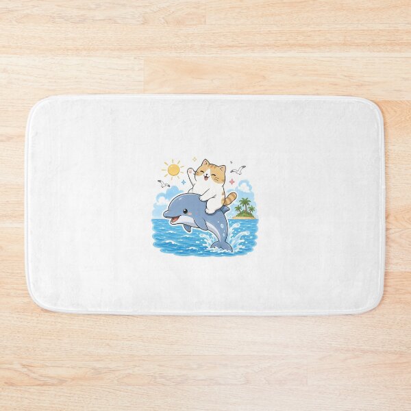 Item preview, Cute Orange Cat Riding Dolphin Kawaii Ocean Summer Ginger Kitty Illustration designed and sold by NoopnyangStudio.