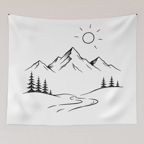 Item preview, Mountain Wilderness Line Art – Scenic Nature Landscape with Pine Trees, River & Sun | Minimalist Outdoor Adventure Design designed and sold by NBT-NOVA.
