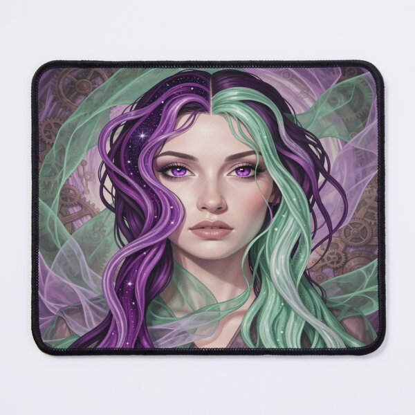 Item preview, Surreal portrait in purple and green with mystical light and subtle steampunk elements in the background designed and sold by FotoworldEdel.