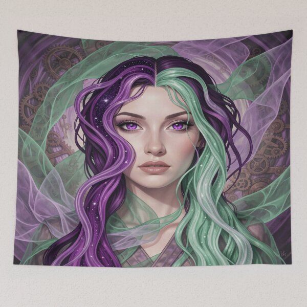 Item preview, Surreal portrait in purple and green with mystical light and subtle steampunk elements in the background designed and sold by FotoworldEdel.