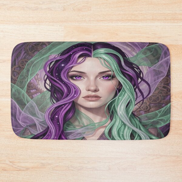 Item preview, Surreal portrait in purple and green with mystical light and subtle steampunk elements in the background designed and sold by FotoworldEdel.