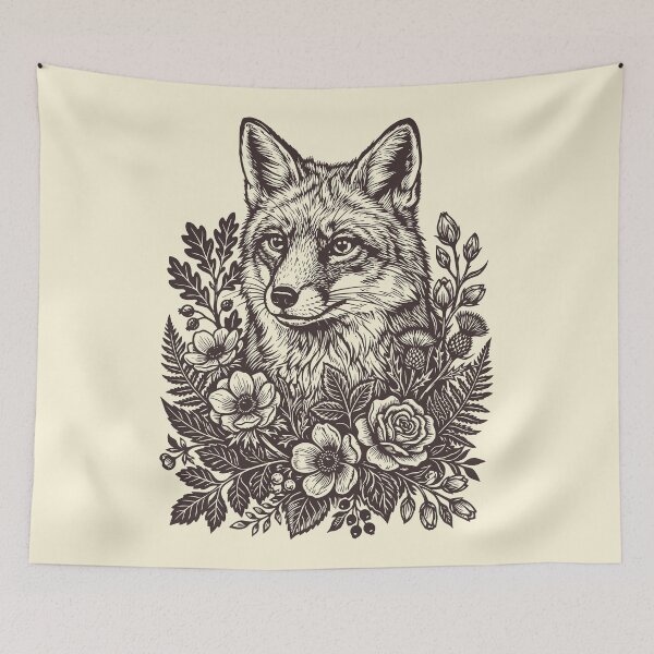 Item preview, Floral Fox Linocut Folk Art Vintage Forest Animal designed and sold by Y-Vibes.