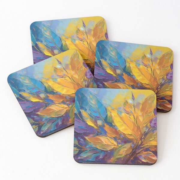 Item preview, Purple BLUE YELLOW Warm and cosy Autumn leaves colours, VINTAGE leaf textured botanicals oil painting, burnt orange, purple, yellow blue, leaf pattern autumn painting  designed and sold by navitalidesign.