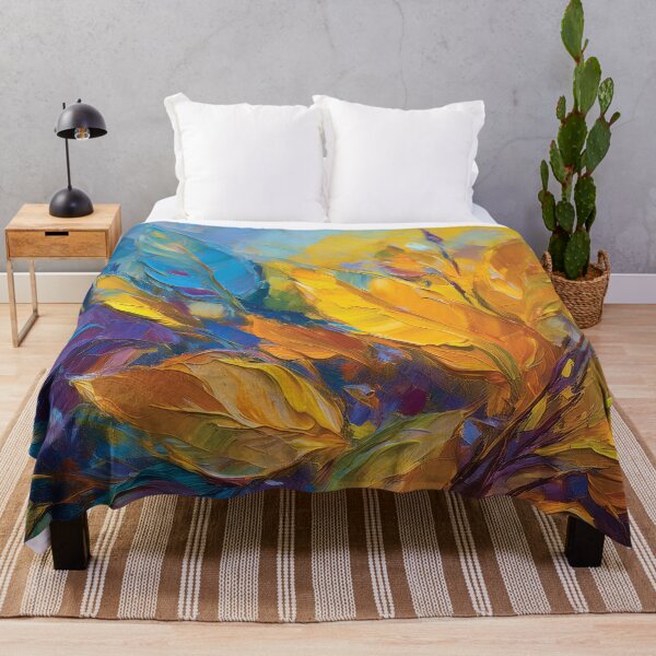 Item preview, Purple BLUE YELLOW Warm and cosy Autumn leaves colours, VINTAGE leaf textured botanicals oil painting, burnt orange, purple, yellow blue, leaf pattern autumn painting  designed and sold by navitalidesign.