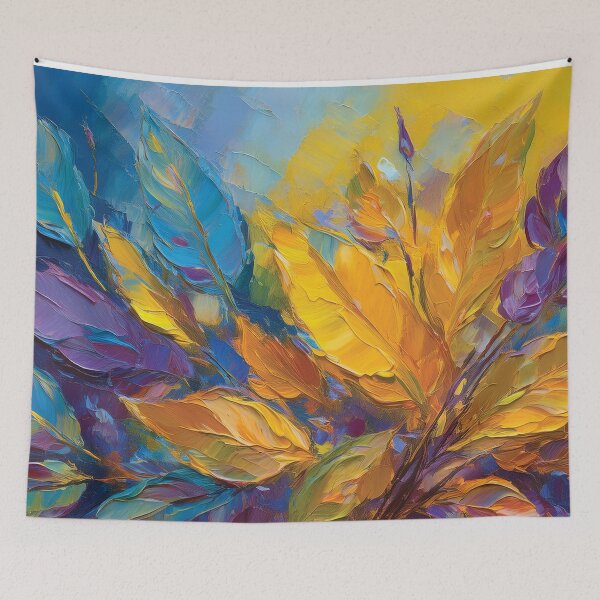 Item preview, Purple BLUE YELLOW Warm and cosy Autumn leaves colours, VINTAGE leaf textured botanicals oil painting, burnt orange, purple, yellow blue, leaf pattern autumn painting  designed and sold by navitalidesign.