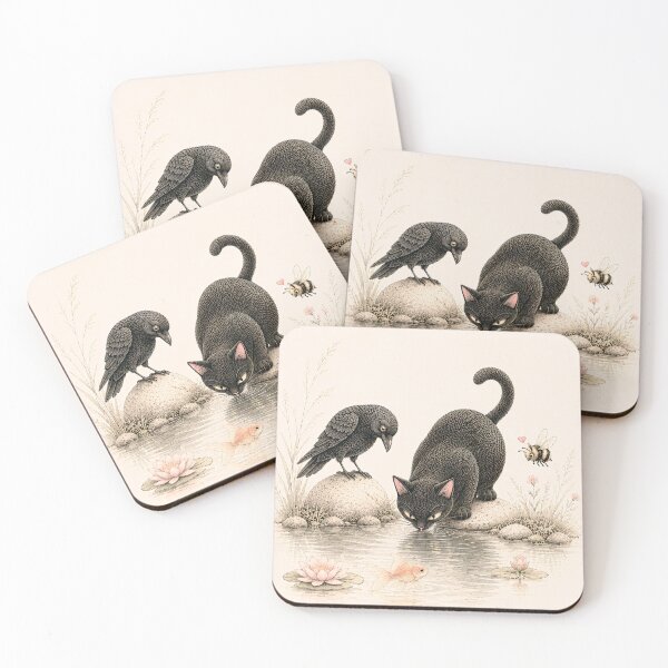 Item preview, Black Cat at the Pond. Raven, Bee & Goldfish Cottagecore Art Print designed and sold by VelvetClawStudio.