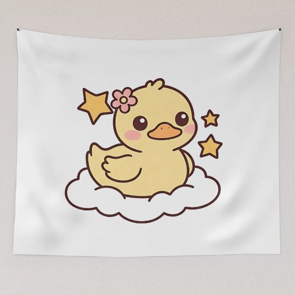 Item preview, Cute Kawaii Yellow Duck on Cloud – Sweet Rubber Duckling with Stars Chibi Illustration designed and sold by UniGift.