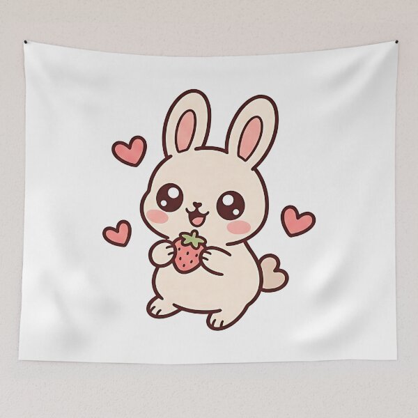 Item preview, Cute Kawaii Bunny Eating Strawberry – Sweet Pastel Rabbit with Hearts Chibi Illustration designed and sold by UniGift.