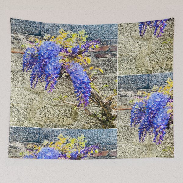 Item preview, Cascading Purple Wisteria Blooms on Rustic Stone Wall designed and sold by BalkanBloom.