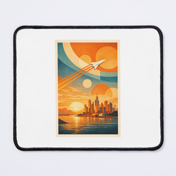 Item preview, Paper Plane Over Retro Futuristic City Sunset designed and sold by LumexStudio.