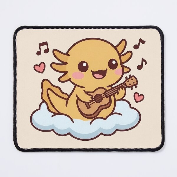 Item preview, Cute Kawaii Axolotl Playing Guitar on Cloud – Sweet Yellow Chibi Amphibian with Ukulele and Music Notes Illustration designed and sold by UniGift.