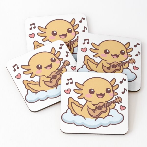 Item preview, Cute Kawaii Axolotl Playing Guitar on Cloud – Sweet Yellow Chibi Amphibian with Ukulele and Music Notes Illustration designed and sold by UniGift.