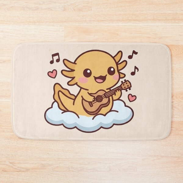Item preview, Cute Kawaii Axolotl Playing Guitar on Cloud – Sweet Yellow Chibi Amphibian with Ukulele and Music Notes Illustration designed and sold by UniGift.