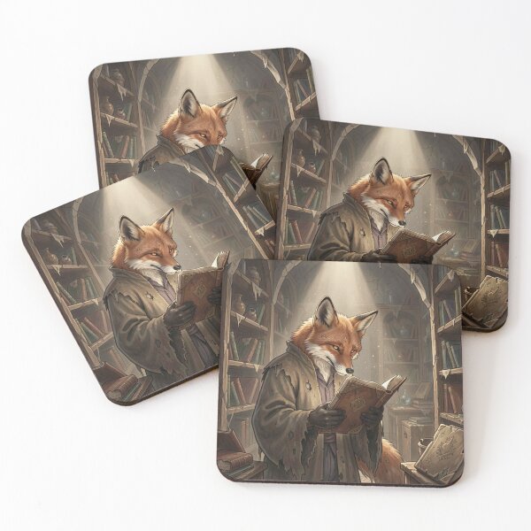Item preview, Anthropomorphic fox in an old library, engrossed in an ancient book full of knowledge and atmosphere. designed and sold by FotoworldEdel.