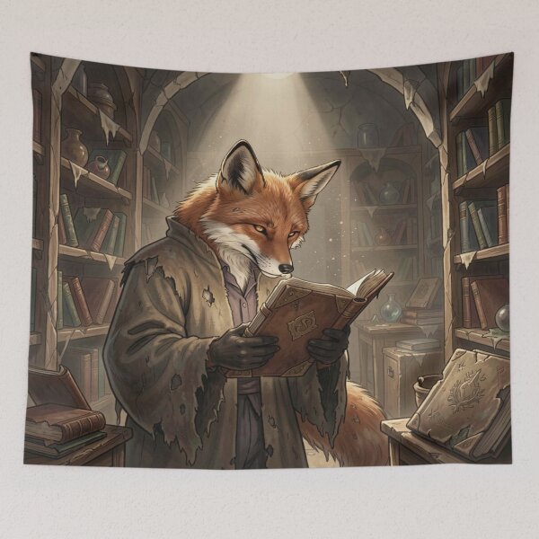 Item preview, Anthropomorphic fox in an old library, engrossed in an ancient book full of knowledge and atmosphere. designed and sold by FotoworldEdel.