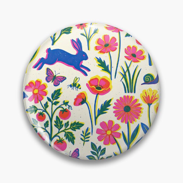 Item preview, Risograph Garden Pattern – Neon Pink Blue Yellow Retro Floral Rabbit Tomato Print Seamless Design designed and sold by SavinMercantile.