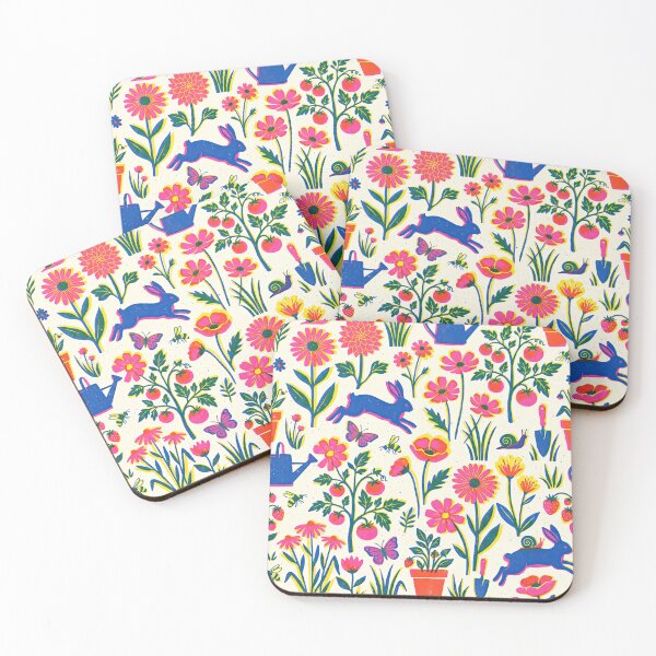 Item preview, Risograph Garden Pattern – Neon Pink Blue Yellow Retro Floral Rabbit Tomato Print Seamless Design designed and sold by SavinMercantile.