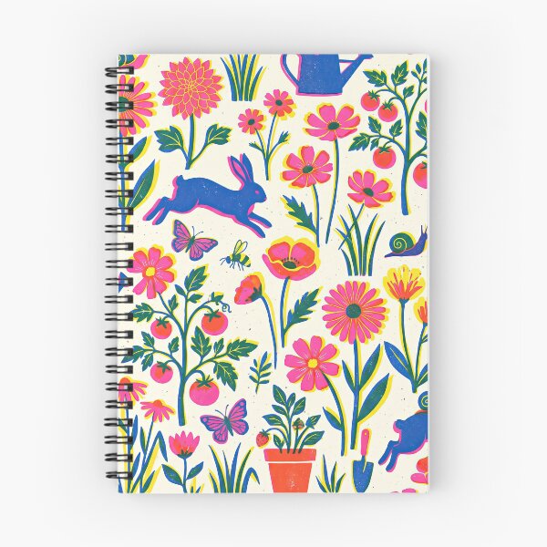 Item preview, Risograph Garden Pattern – Neon Pink Blue Yellow Retro Floral Rabbit Tomato Print Seamless Design designed and sold by SavinMercantile.