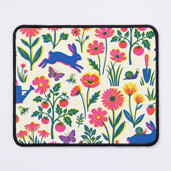 Item preview, Risograph Garden Pattern – Neon Pink Blue Yellow Retro Floral Rabbit Tomato Print Seamless Design designed and sold by SavinMercantile.
