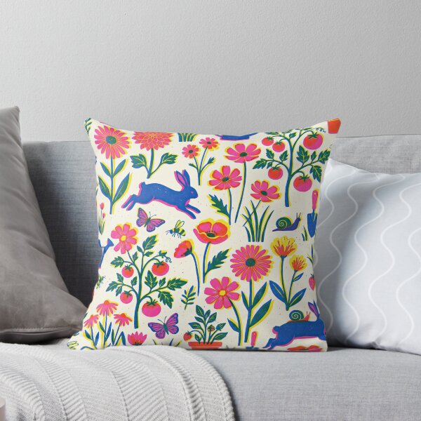 Item preview, Risograph Garden Pattern – Neon Pink Blue Yellow Retro Floral Rabbit Tomato Print Seamless Design designed and sold by SavinMercantile.