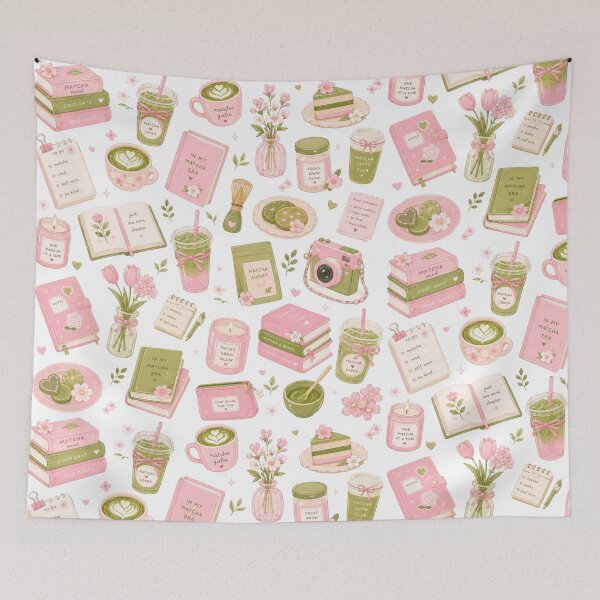 Item preview, Matcha and Pastry Pattern | Pink Bakery Illustration  designed and sold by StrawberryStudio.
