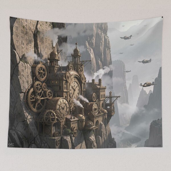 Item preview, Steampunk clockwork city in a vast canyon with gears, steam and monumental rock architecture designed and sold by FotoworldEdel.
