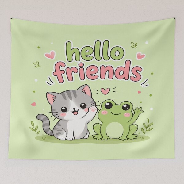 Item preview, Hello Friends Cute Cat and Frog Kawaii Cartoon | Light Green Pastel Animal Graphic Tee designed and sold by ArtoryNest.