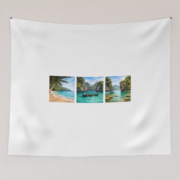 Item preview, Tropical Paradise Triptych – Exotic Beach & Lagoon Square Wall Art designed and sold by Les-Ink-Studio.