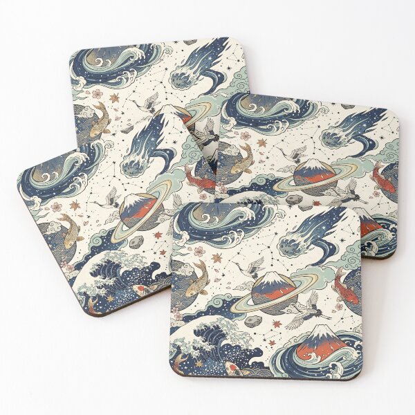 Item preview, Ukiyo-e Cosmic Pattern – Japanese Woodblock Mt Fuji Saturn Wave Koi Crane Cherry Blossom Design designed and sold by SavinMercantile.