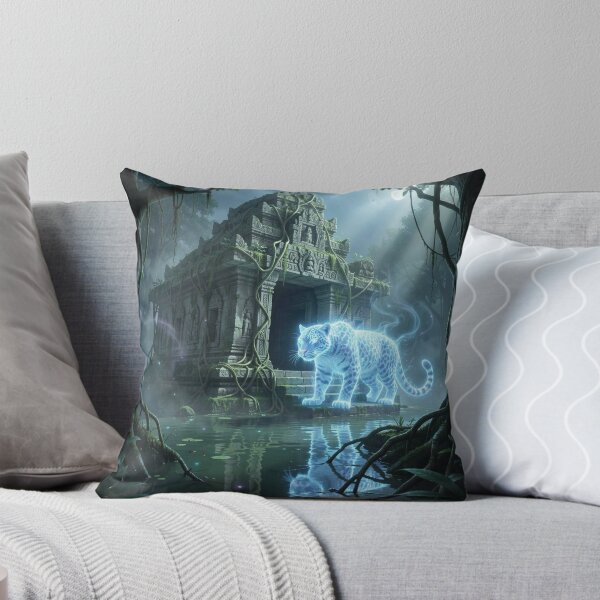 Item preview, Spectral jaguar in front of an ancient jungle temple with mystical light and bioluminescent atmosphere designed and sold by FotoworldEdel.