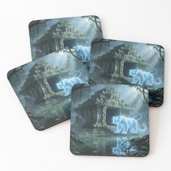 Item preview, Spectral jaguar in front of an ancient jungle temple with mystical light and bioluminescent atmosphere designed and sold by FotoworldEdel.