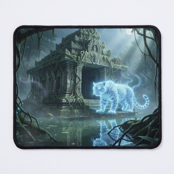 Item preview, Spectral jaguar in front of an ancient jungle temple with mystical light and bioluminescent atmosphere designed and sold by FotoworldEdel.