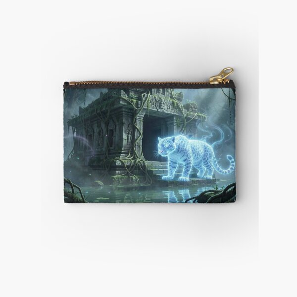Item preview, Spectral jaguar in front of an ancient jungle temple with mystical light and bioluminescent atmosphere designed and sold by FotoworldEdel.
