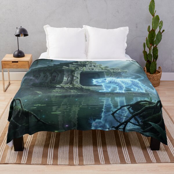 Item preview, Spectral jaguar in front of an ancient jungle temple with mystical light and bioluminescent atmosphere designed and sold by FotoworldEdel.