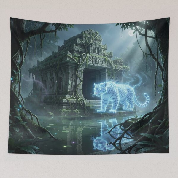 Item preview, Spectral jaguar in front of an ancient jungle temple with mystical light and bioluminescent atmosphere designed and sold by FotoworldEdel.