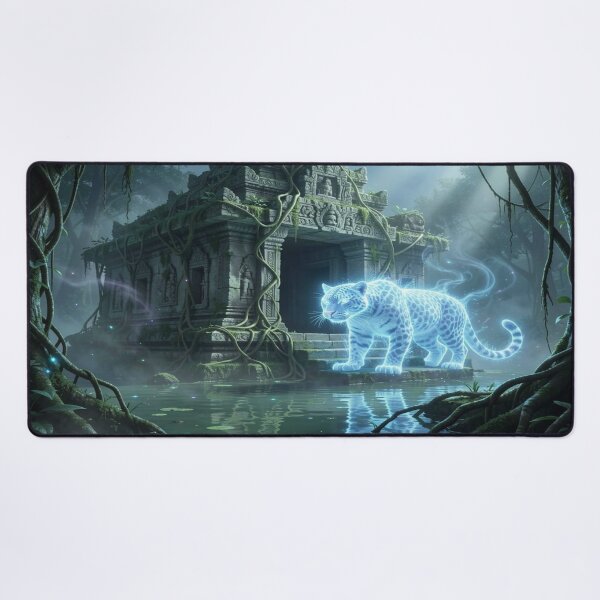 Item preview, Spectral jaguar in front of an ancient jungle temple with mystical light and bioluminescent atmosphere designed and sold by FotoworldEdel.