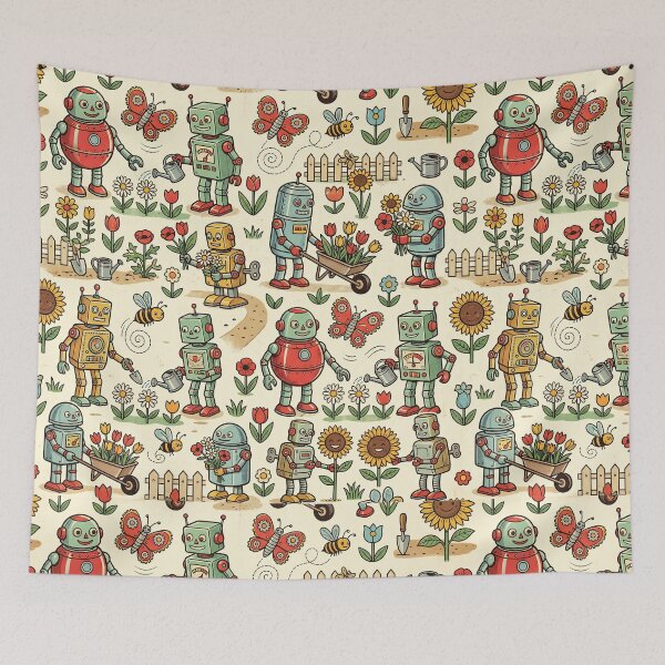 Item preview, Retro Tin Toy Robot Garden Pattern – Vintage 1950s Robot Flower Children Nursery Seamless Design designed and sold by SavinMercantile.