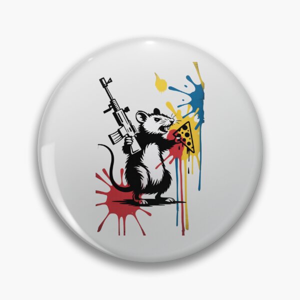 Item preview, Banksy-style street art stencil depicting a defiant rat standing upright on its hind legs, clutching a military rifle in one paw and a triangular slice of pizza in the other. designed and sold by 123ks.
