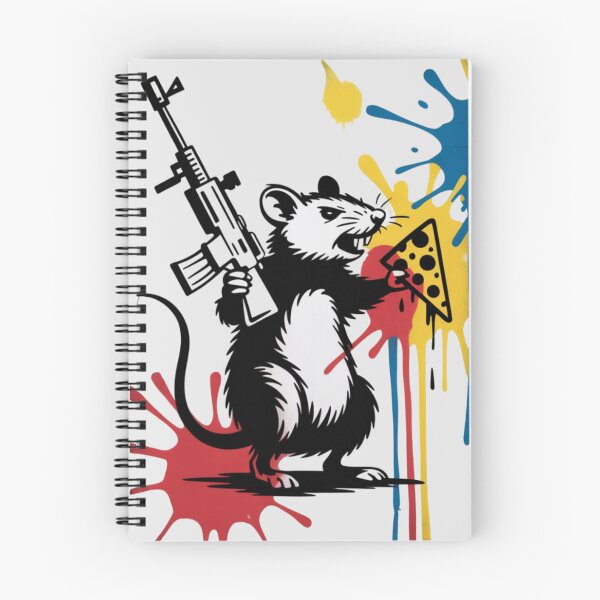 Item preview, Banksy-style street art stencil depicting a defiant rat standing upright on its hind legs, clutching a military rifle in one paw and a triangular slice of pizza in the other. designed and sold by 123ks.