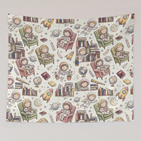 Item preview, Whimsical Astronaut Library Pattern – Cute Watercolor Reading Books Cosmic Children Nursery Design designed and sold by SavinMercantile.