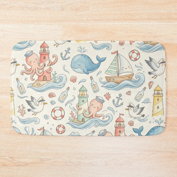 Item preview, Whimsical Octopus & Lighthouse Pattern – Cute Watercolor Nautical Whale Coastal Nursery Design designed and sold by SavinMercantile.
