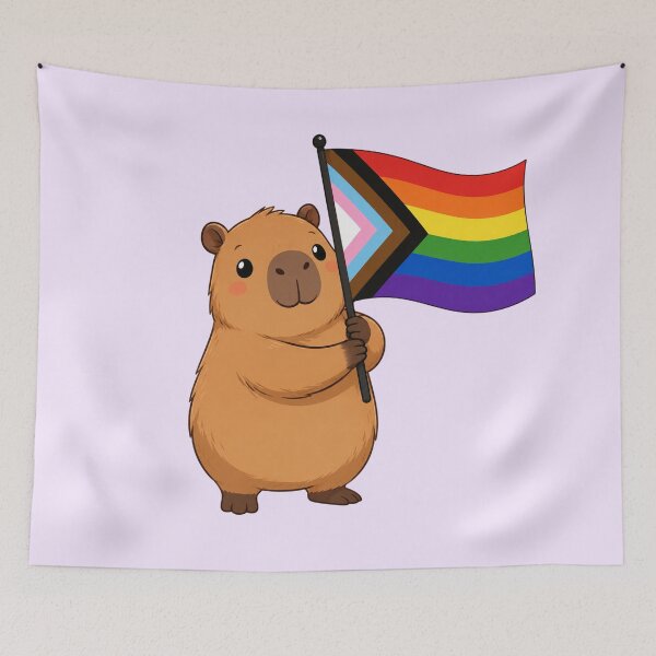 Item preview, Cute Capybara Holding Progress Pride Flag designed and sold by SweetLilith.