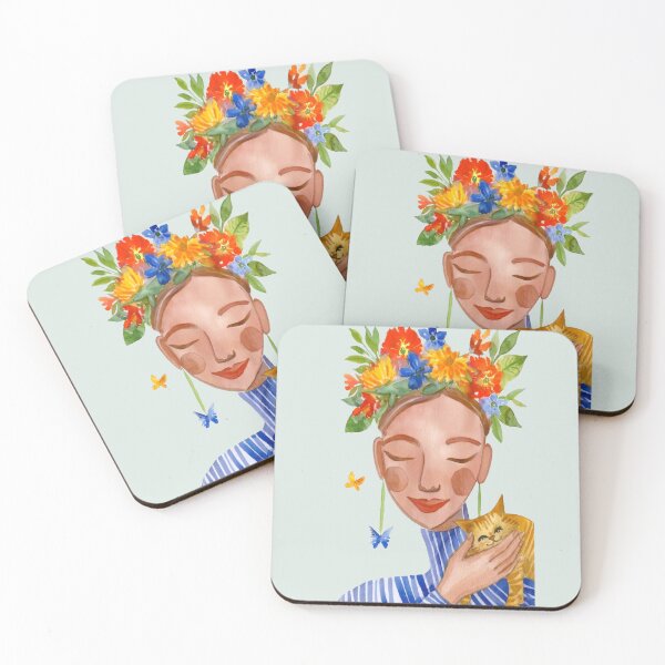 Item preview, Cute Boho Woman with Orange Cat Floral Crown Watercolor designed and sold by MoonOpuluna.
