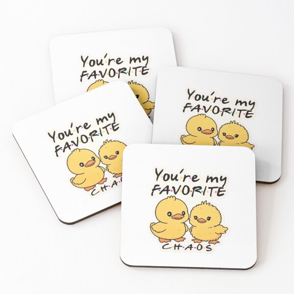 Item preview, Cute yellow ducks with the text saying you’re my favorite chaos on a pastel background with colorful dots surrounding them designed and sold by SpaceartLilu.