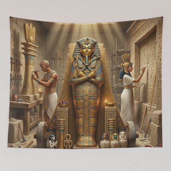 Item preview, Ancient Egyptian Workshop Artisans Crafting King Tut Sarcophagus Art designed and sold by Queen Cleopatra.