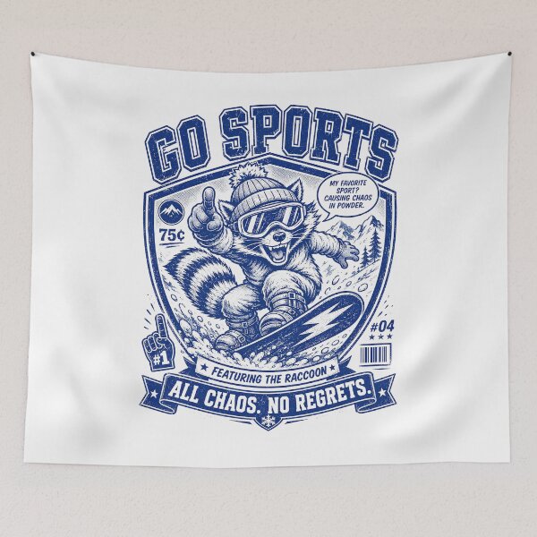 Item preview, Go Sports Raccoon Snowboarding Retro Blue Comic Animal designed and sold by JerdbordinShop.