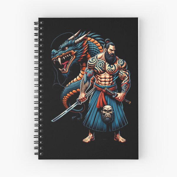 Artikelvorschau, Muskulöser Samurai-Krieger mit blauem Drachen und Katanas – Dark-Fantasy-Kunst entworfen und verkauft von PrimalBeastLab.
