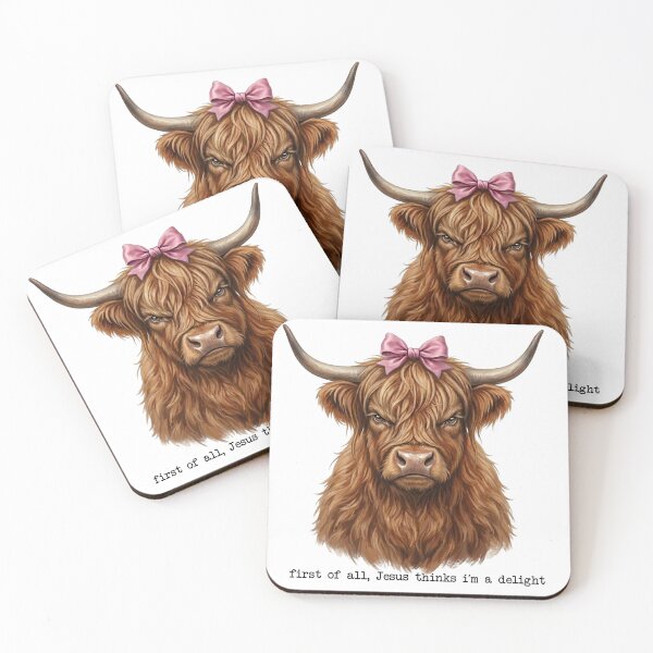 Item preview, First of All Jesus Thinks I'm a Delight – Funny Christian Highland Cow Pink Bow Coffee designed and sold by TheBeesForYou.