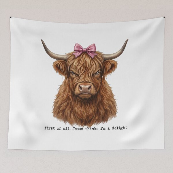 Item preview, First of All Jesus Thinks I'm a Delight – Funny Christian Highland Cow Pink Bow Coffee designed and sold by TheBeesForYou.